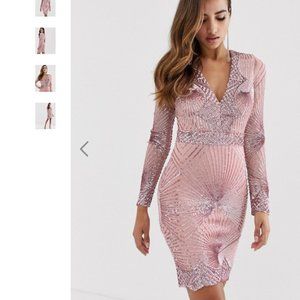 Godiva Sequin Midi Dress Long Sleeve- Rose Gold